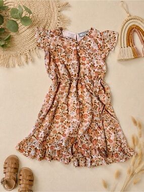 Girls' Floral Wrap Dress in Rust and Pink